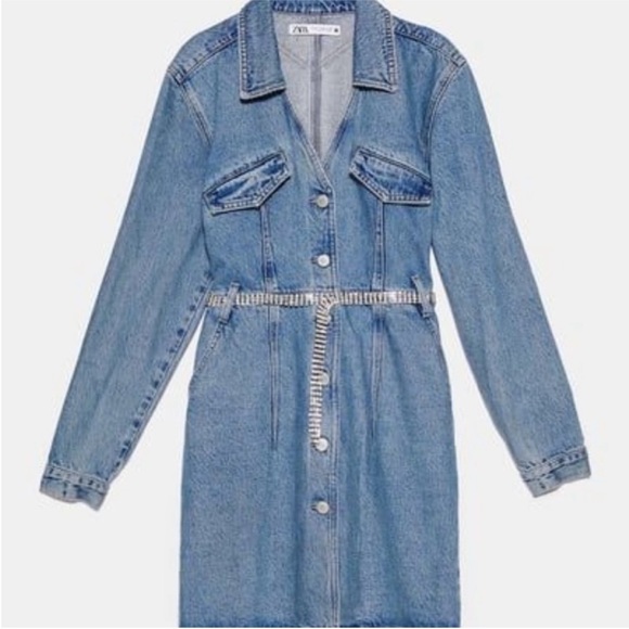 ZARA Denim Midi Shirt Dress Short lapel collar V-neck long sleeves Size XS NWT - Picture 5 of 16